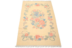 6x9 Ivory, Aqua, Rose Color Hand Woven Dhurry Kilim Wool Transitional Oriental Rug