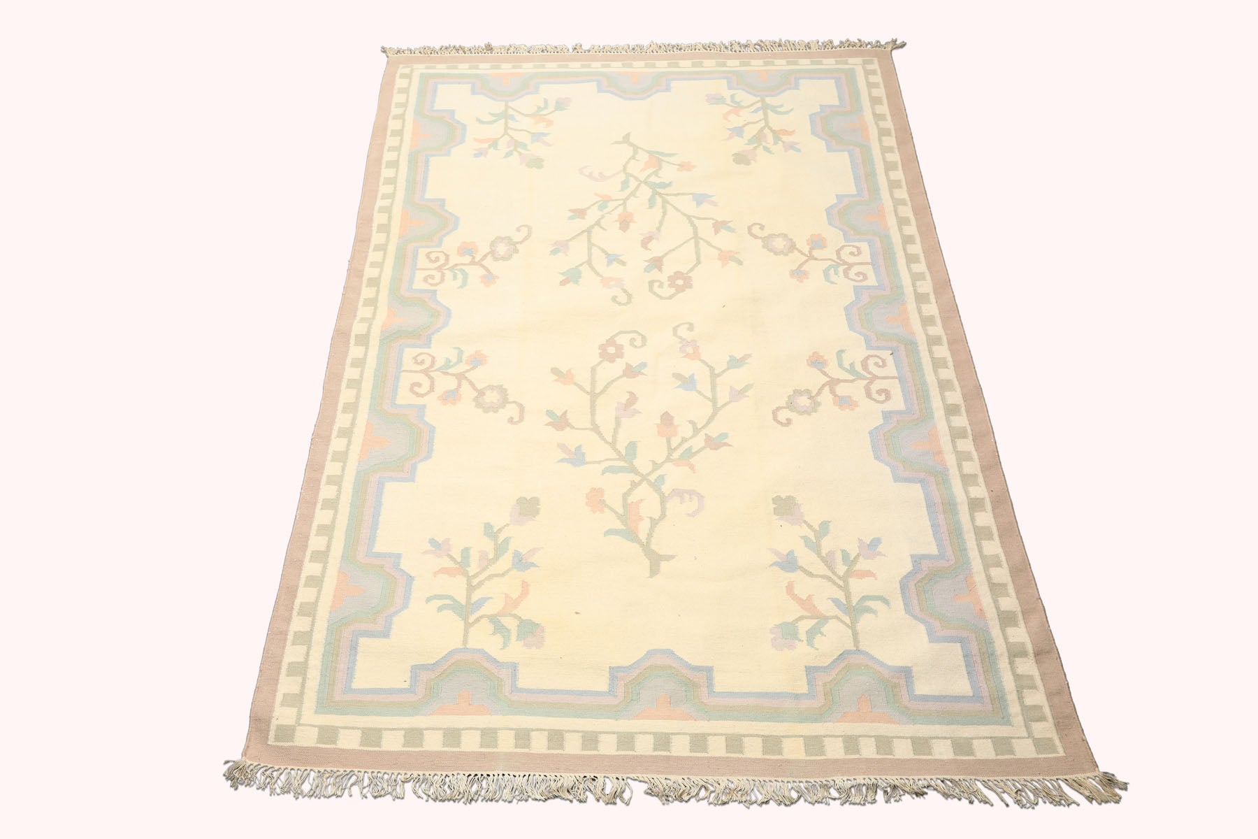 5x8 Ivory, Blush, Lavender Color Hand Woven Dhurry Kilim Wool Transitional Oriental Rug