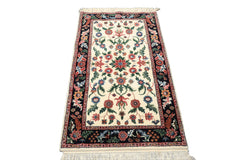 3x5 Ivory, Midnight Blue, Green Color Hand Knotted Indo Kashan Wool Traditional Oriental Rug