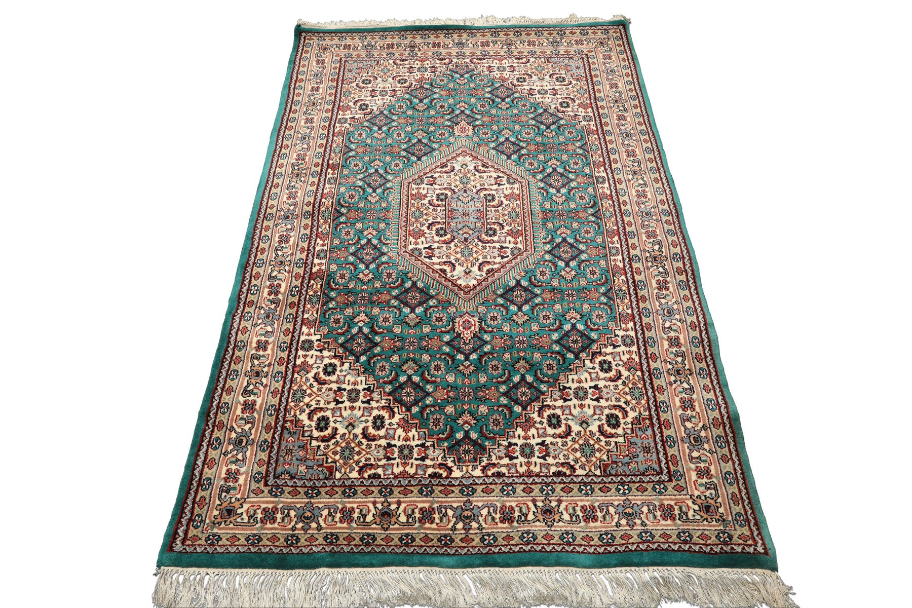 4x6 Green, Ivory, Rust Color Hand Knotted Indo Tabriz Wool Traditional Oriental Rug
