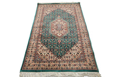 4x6 Green, Ivory, Rust Color Hand Knotted Indo Tabriz Wool Traditional Oriental Rug