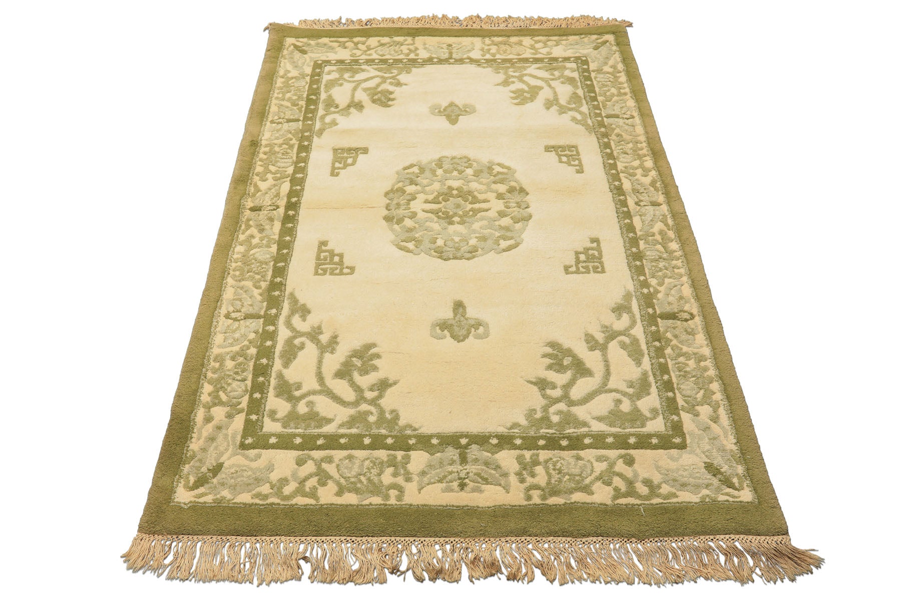 4x6 Ivory, Olive, Green Color Hand Knotted Indo-Tibetan Wool Art Deco Oriental Rug