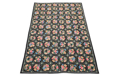 5x8 Black, Pink, Blue Color Hand Woven French Savonerrie Needlepoint Wool Traditional Oriental Rug