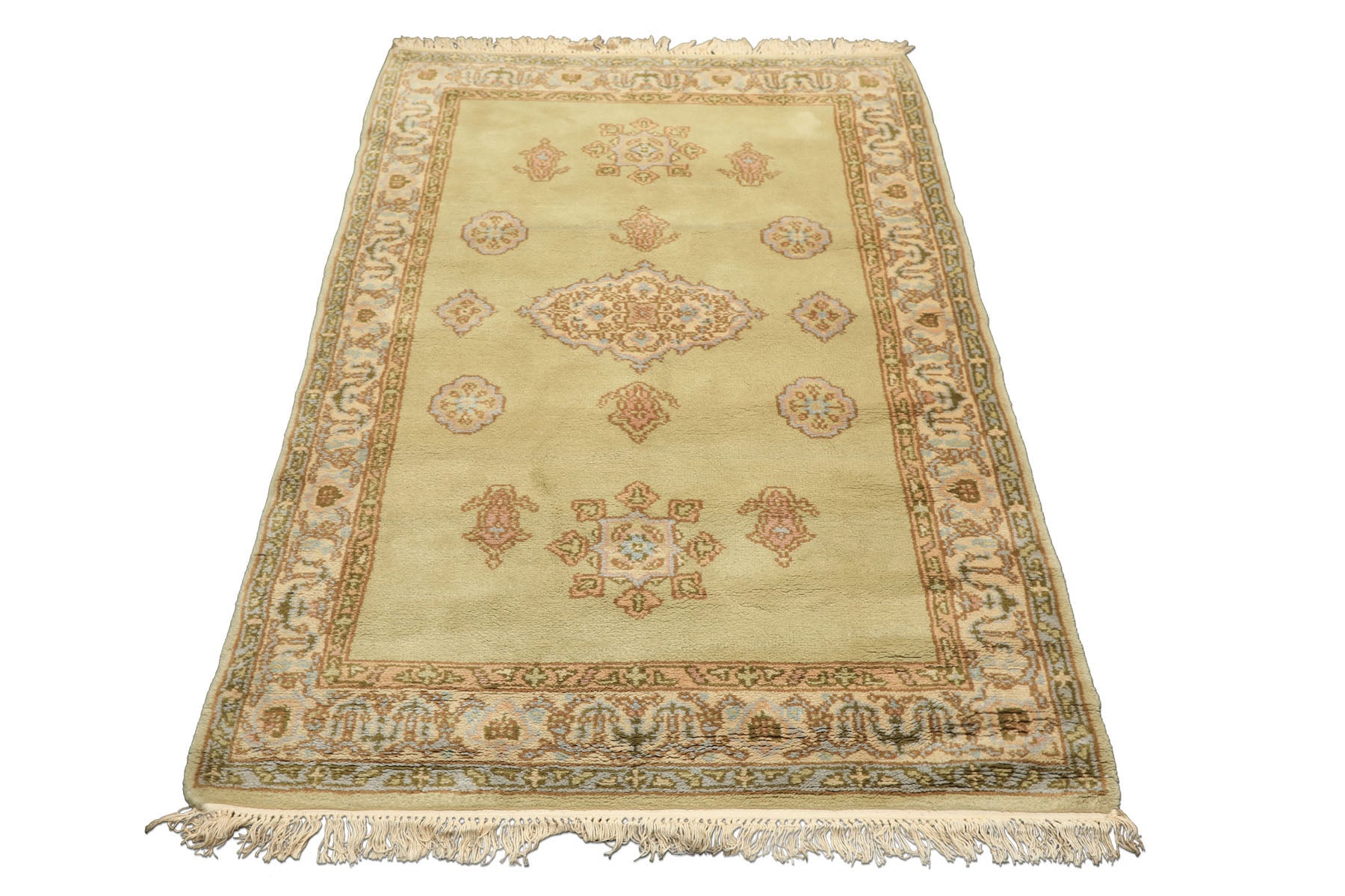 4x6 Sage, Beige, Rose Color Hand Knotted French Aubusson Wool Traditional Oriental Rug