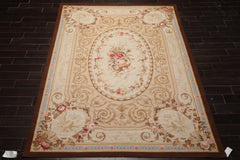7x10 Ivory, Tan, Brown Color Hand Woven Aubusson Needlepoint Wool Traditional Oriental Rug
