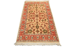 4x6 Ivory, Teracotta, Green Color Hand Knotted Indo Kashan Wool Traditional Oriental Rug