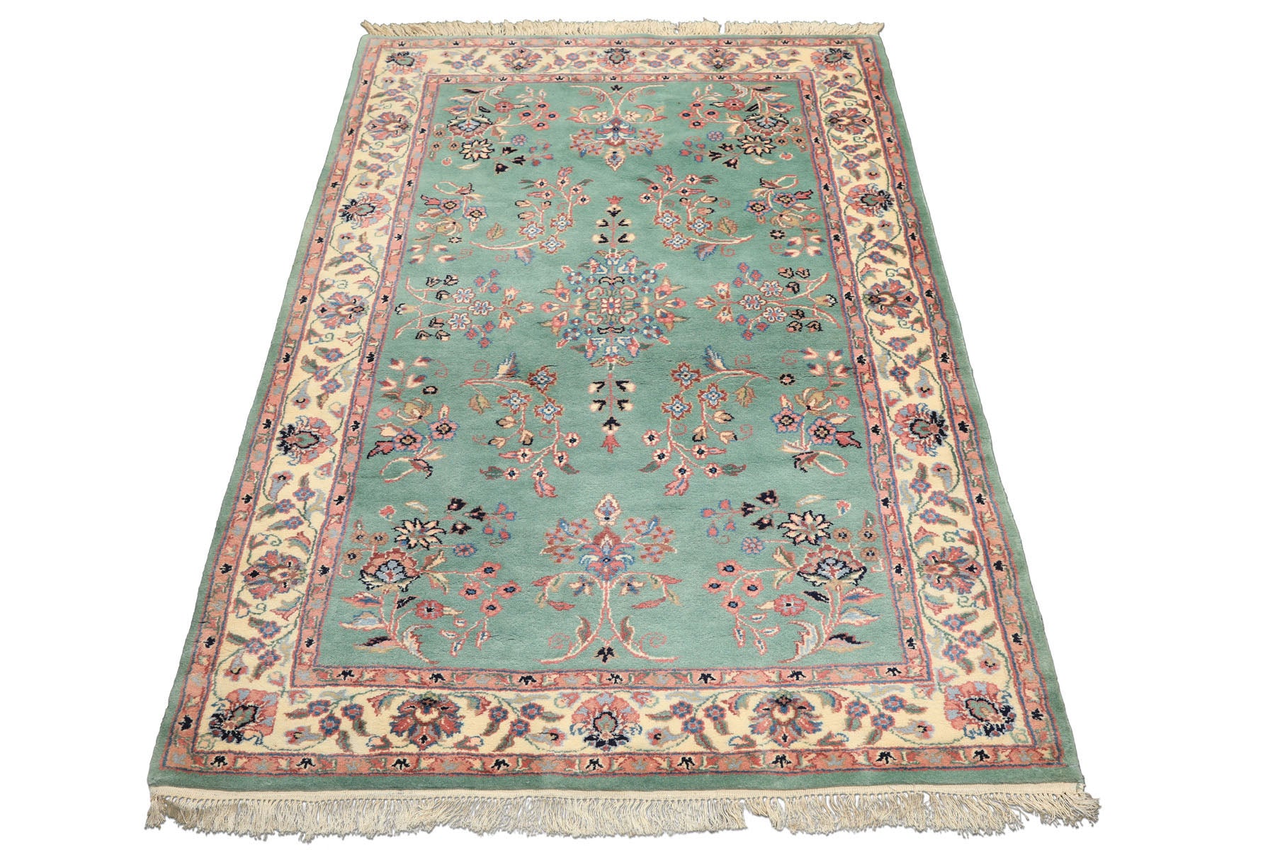 4x6 Turquoise, Ivory, Rose Color Hand Knotted Indo Kashan Wool Traditional Oriental Rug