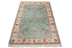4x6 Turquoise, Ivory, Rose Color Hand Knotted Indo Kashan Wool Traditional Oriental Rug