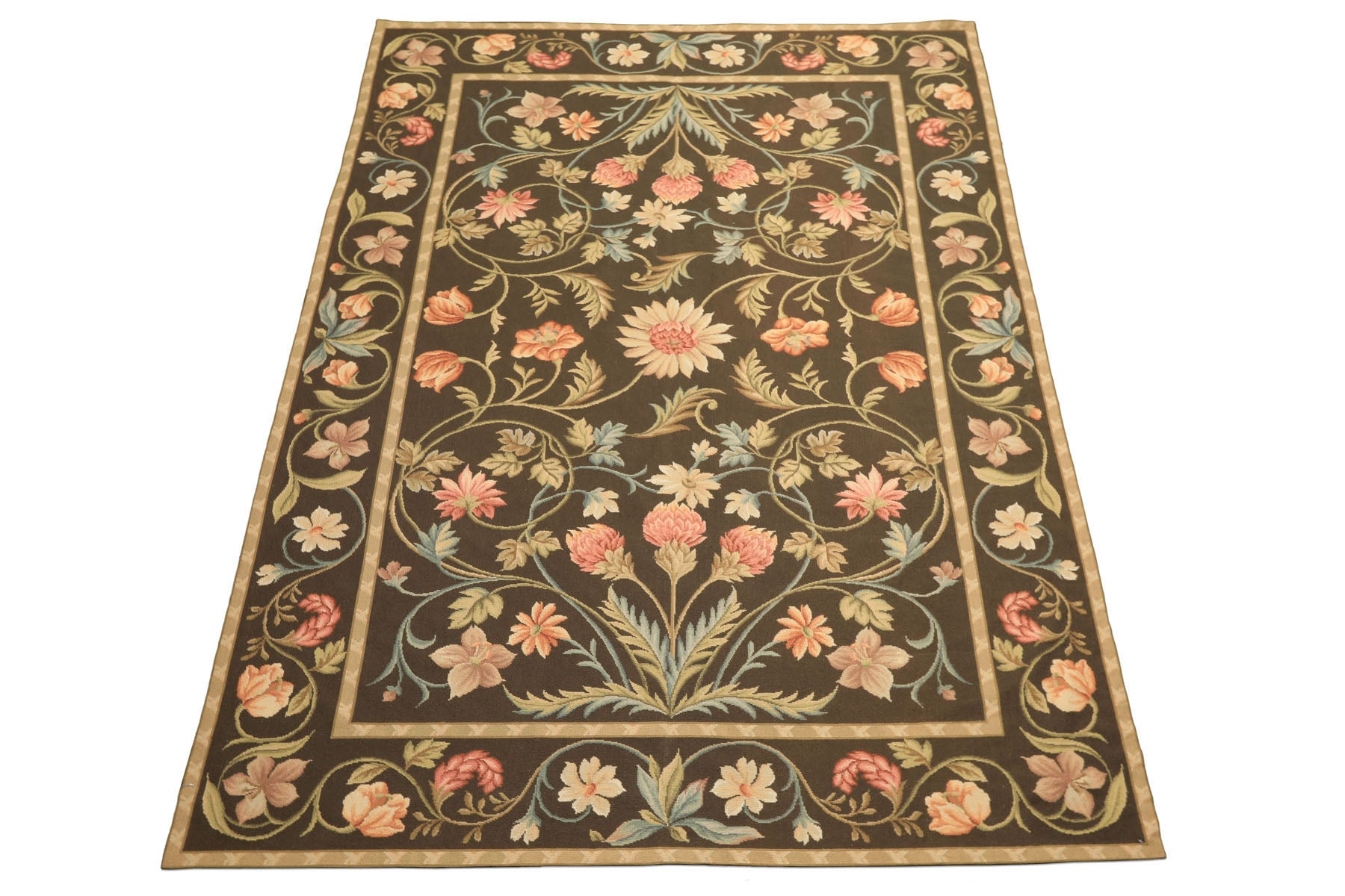 6x9 Green, Gold, Aqua Color Hand Woven French Aubusson Needlepoint Wool Traditional Oriental Rug