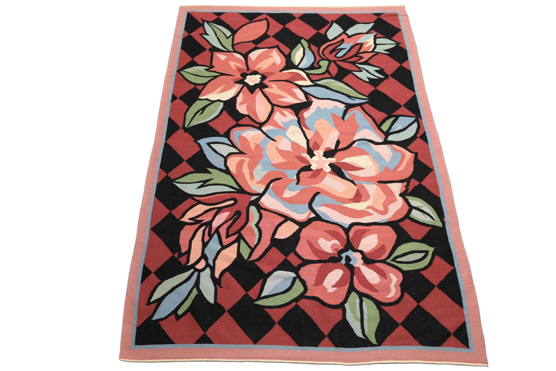 6x9 Rose, Black, Lime Color Hand Woven Kilim Wool Contemporary Oriental Rug