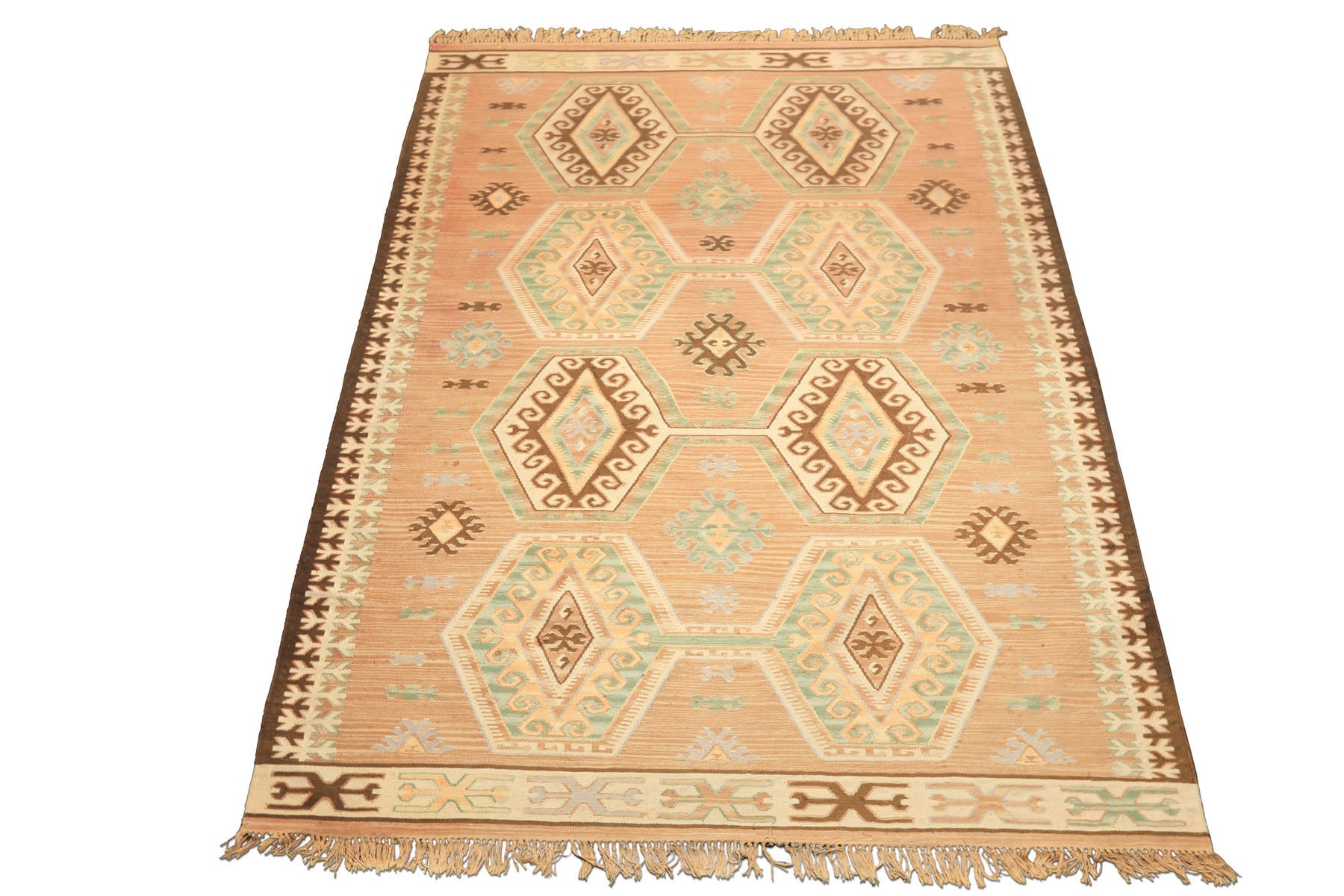 6x9 Tan, Light Peach, Ivory Color Hand Woven Kilim Wool Traditional Oriental Rug
