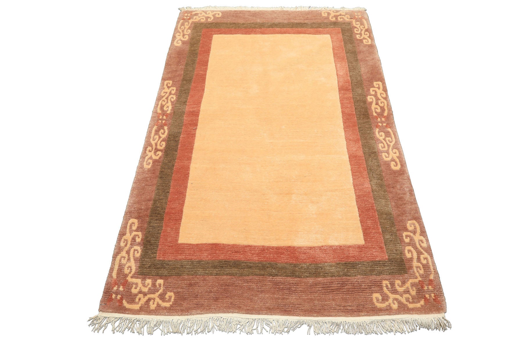 4x6 Ivory, Rose, Olive Color Hand Knotted Tibetan Wool Traditional Oriental Rug