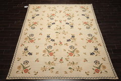 8x10 Ivory, Blue, Green Color Hand Woven Portugese Needlepoint Wool Traditional Oriental Rug