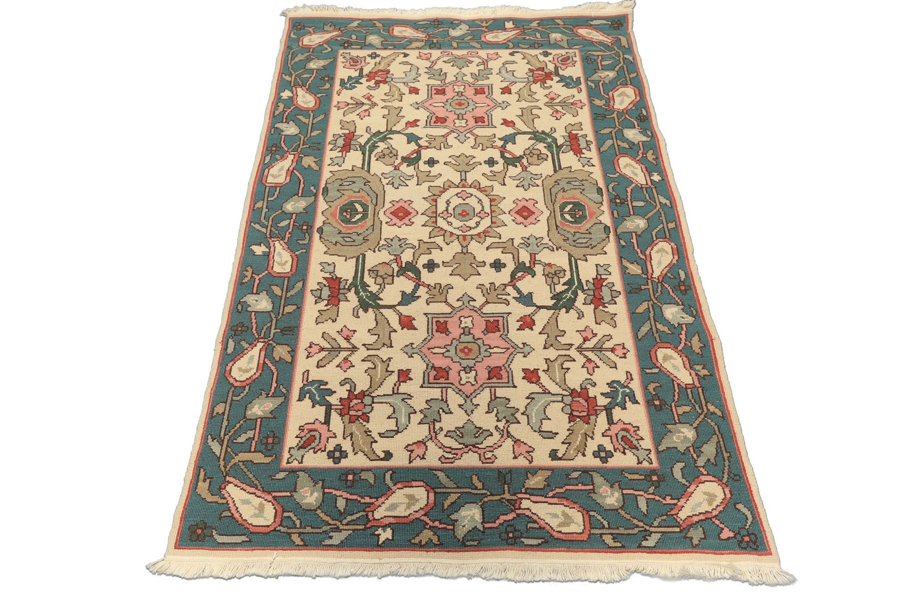 4x6 Ivory, Turquiose, Moss Color Hand Knotted Nourison Nourmak Soumak Wool Traditional Oriental Rug