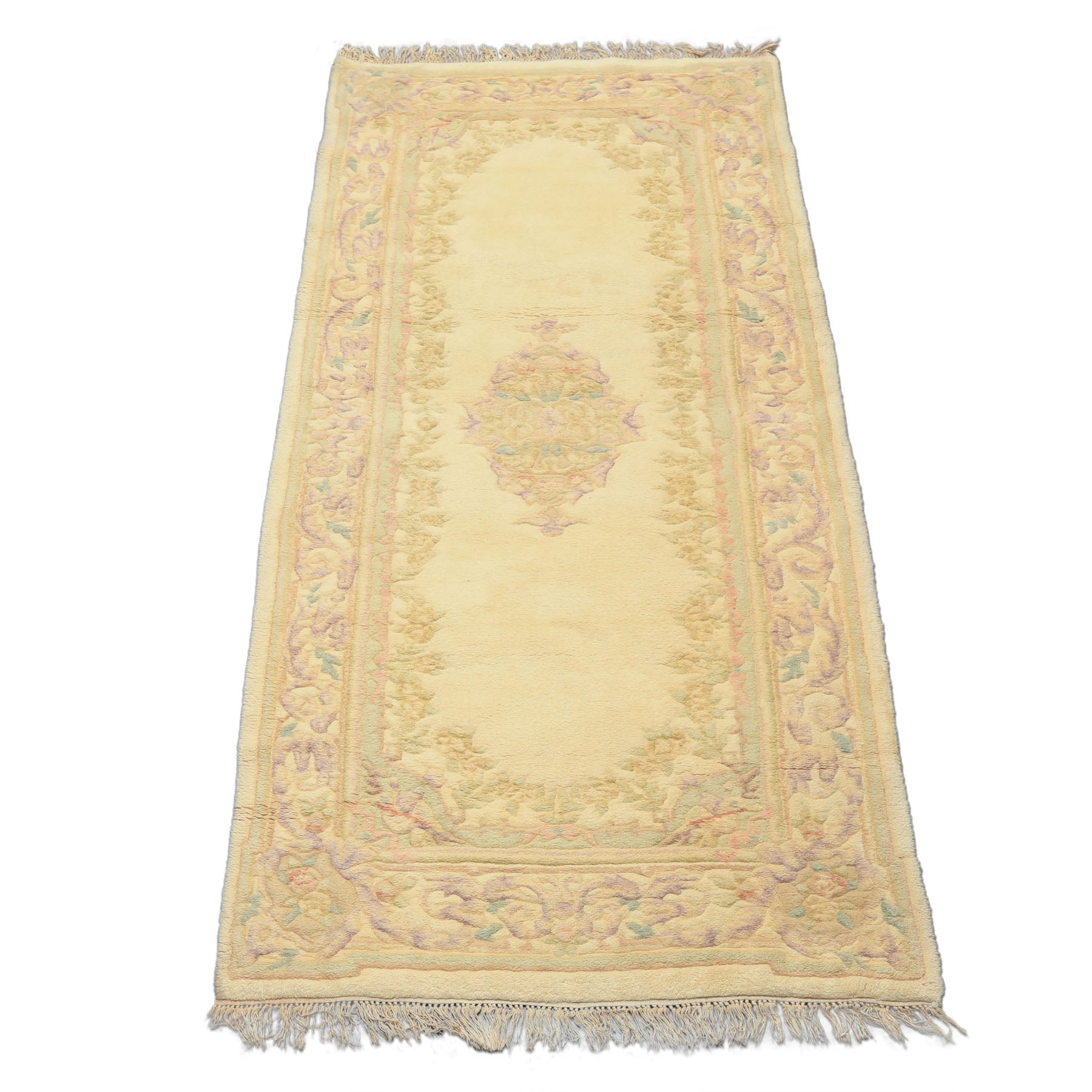 Runner Ivory, Mint, Lavender Color Hand Knotted French Aubusson savonnerie Wool Traditional Oriental Rug
