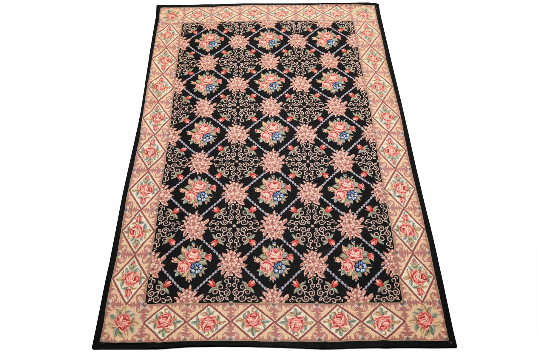 6x9 Black, Ivory, Green Color Hand Woven French Aubusson Needlepoint Wool Traditional Oriental Rug