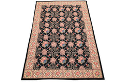 6x9 Black, Ivory, Green Color Hand Woven French Aubusson Needlepoint Wool Traditional Oriental Rug