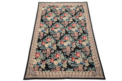 6x9 Black, Ivory, Rose Color Hand Woven French Aubusson Needlepoint Wool Traditional Oriental Rug