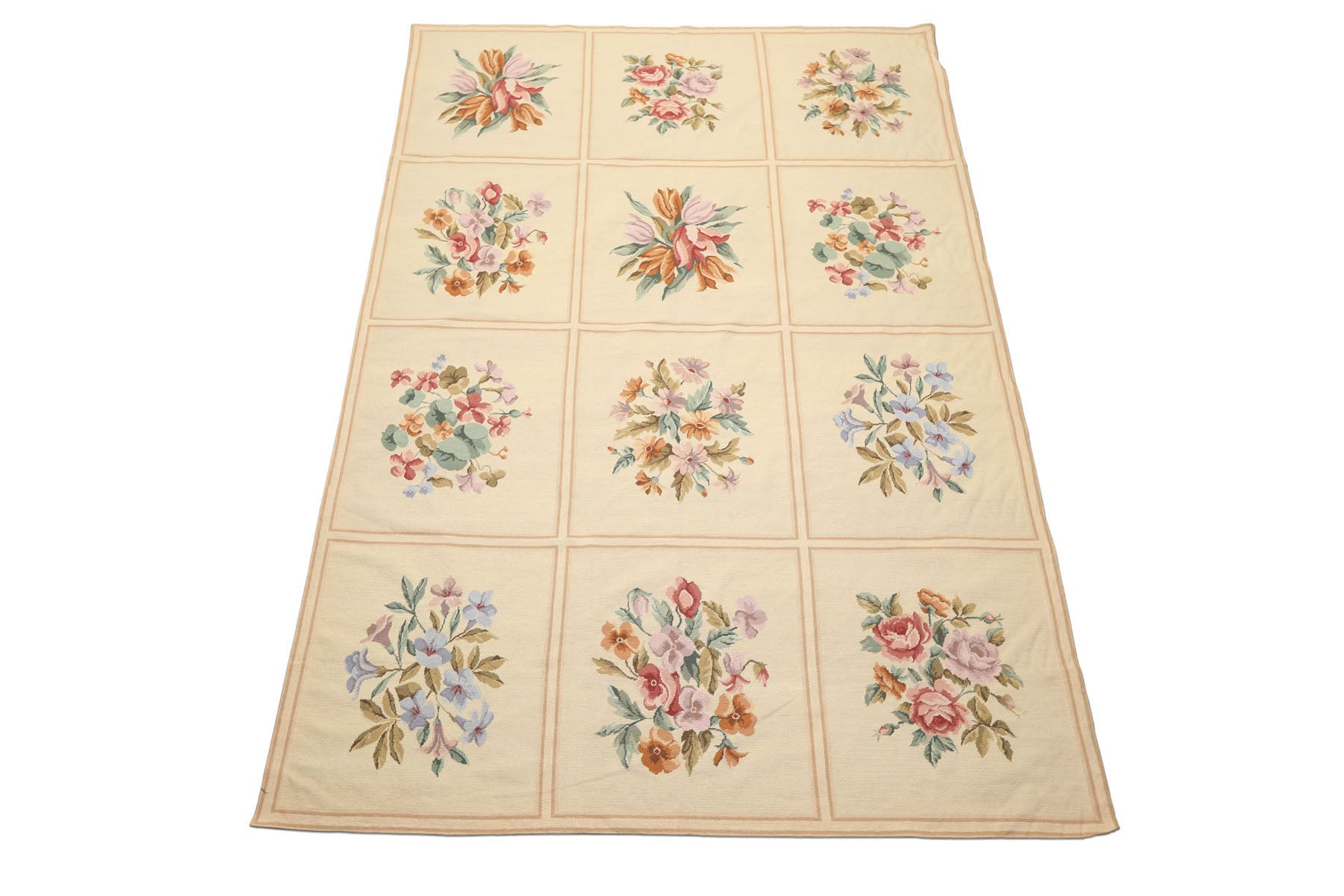 6x9 Ivory, Pink, Lavender Color Hand Woven French Aubusson Needlepoint Wool Traditional Oriental Rug