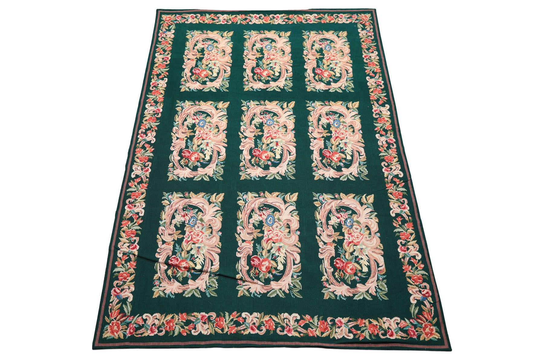 6x9 Emerald, Ivory, Pink Color Hand Woven French Aubusson Needlepoint Wool Traditional Oriental Rug