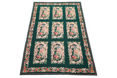 6x9 Emerald, Ivory, Pink Color Hand Woven French Aubusson Needlepoint Wool Traditional Oriental Rug