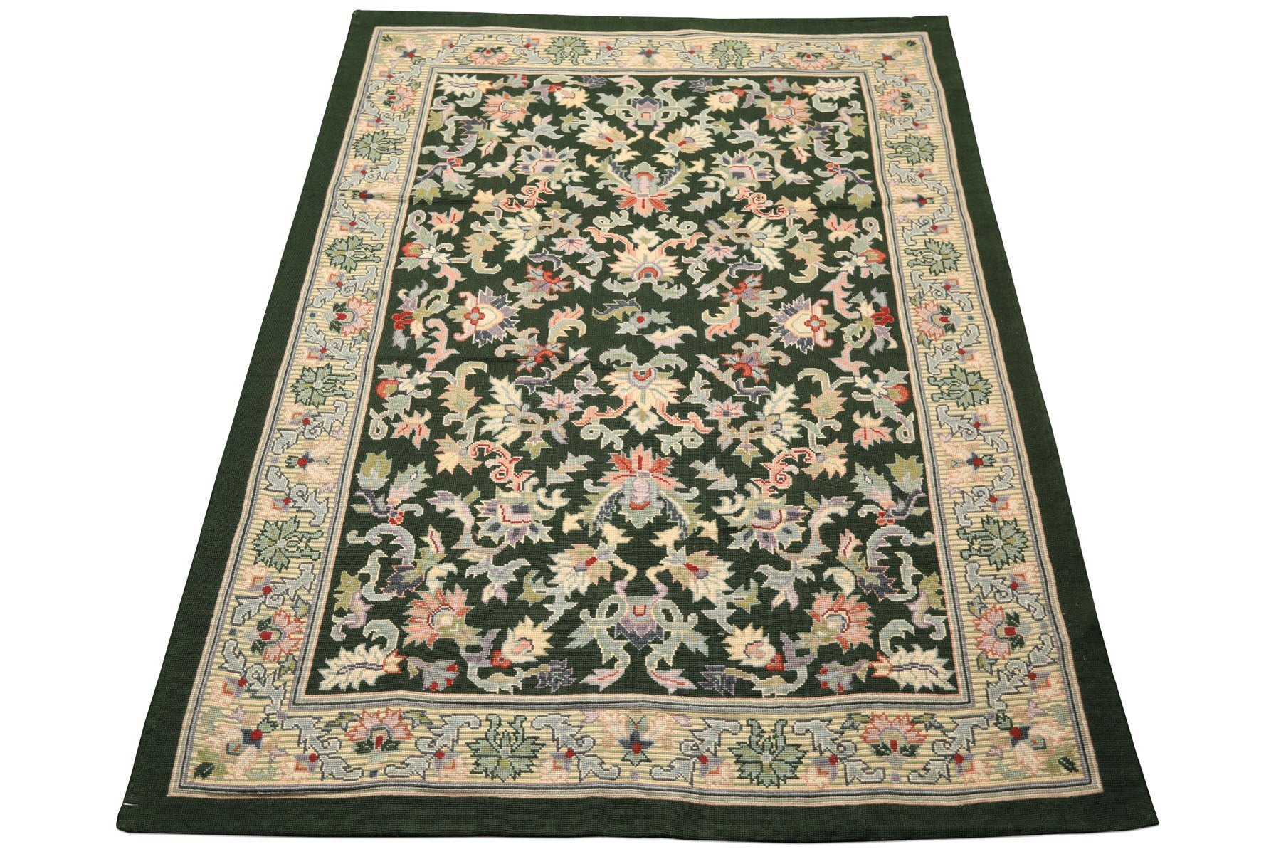 6x9 Green, Ivory, Blush Color Hand Woven Portugese Needlepoint Wool Transitional Oriental Rug