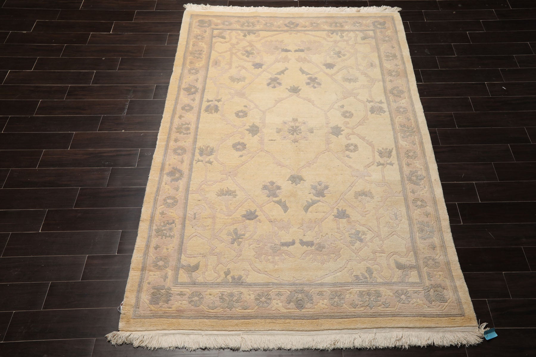 6x9 Ivory, Gray, Rose Color Hand Knotted Tibetan Wool Transitional Oriental Rug