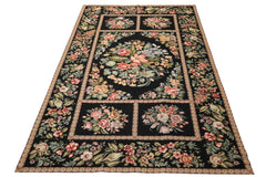 Runner Black, Tan, Green Color Hand Woven French Aubusson Needlepoint Wool Traditional Oriental Rug