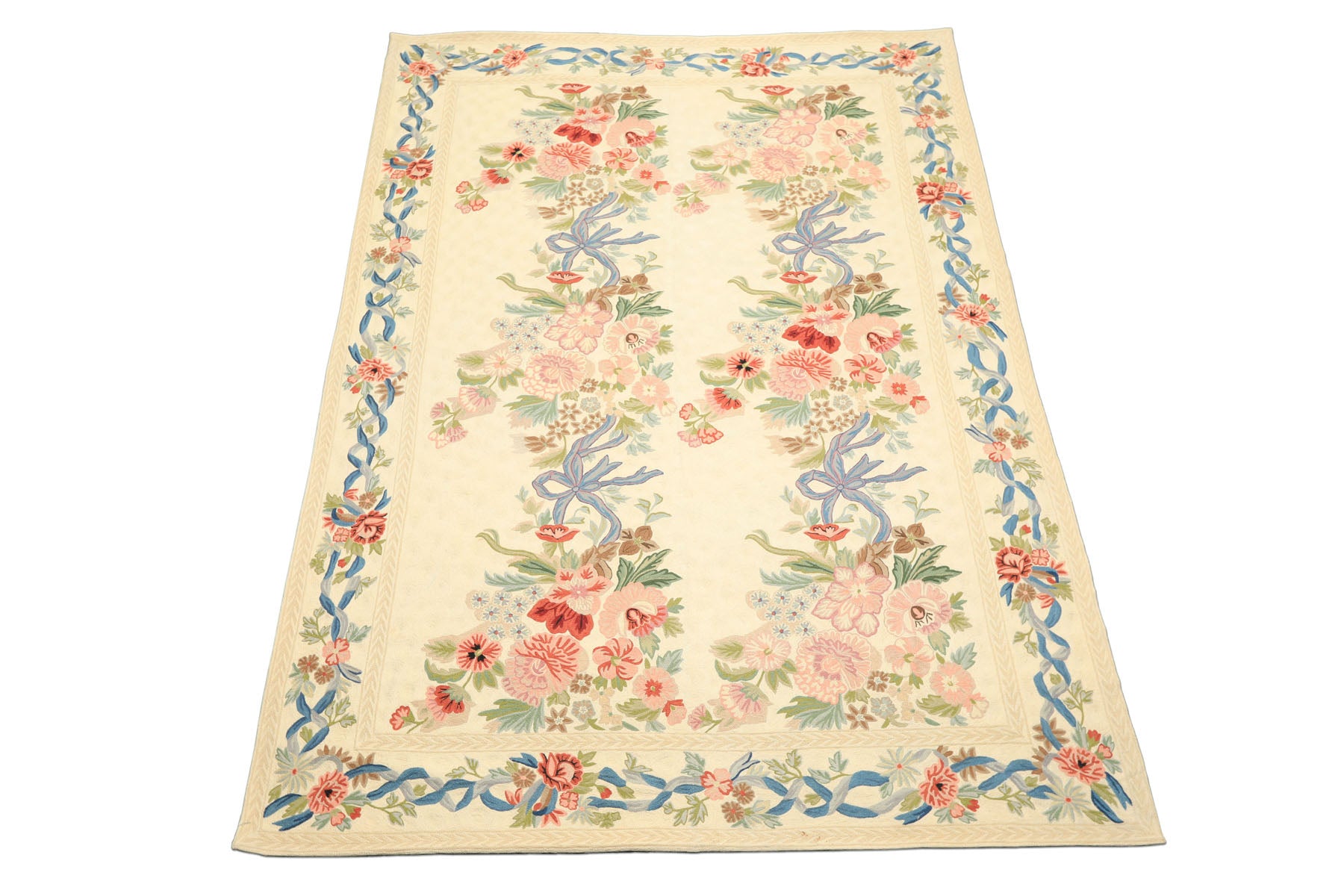 6x9 Ivory, Rose, Blue Color Hand Woven Chainstitch Wool Traditional Oriental Rug