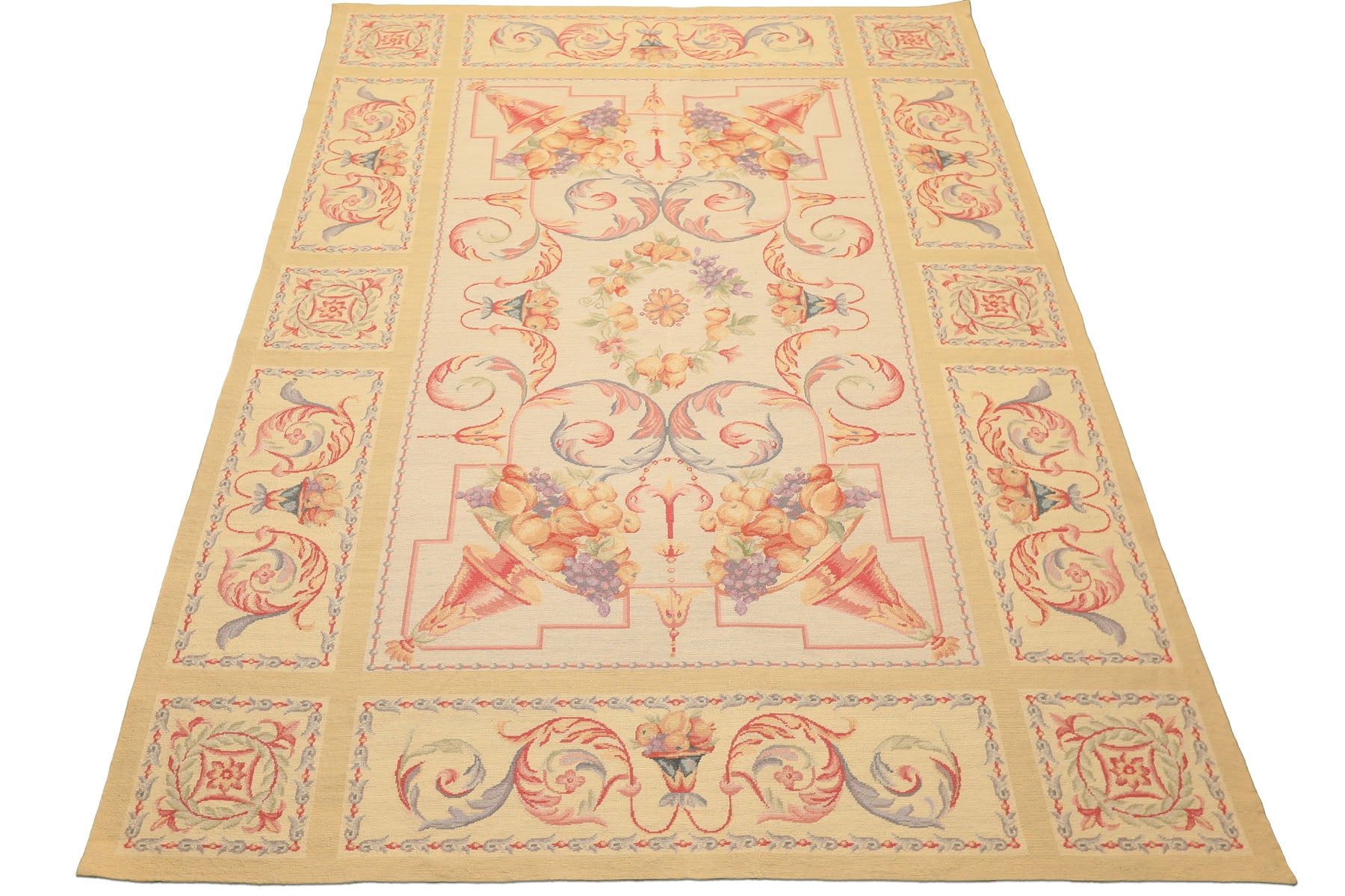 6x8 Beige, Rose, Lavender Color Hand Knotted French Aubusson Needlepoint Wool Traditional Oriental Rug