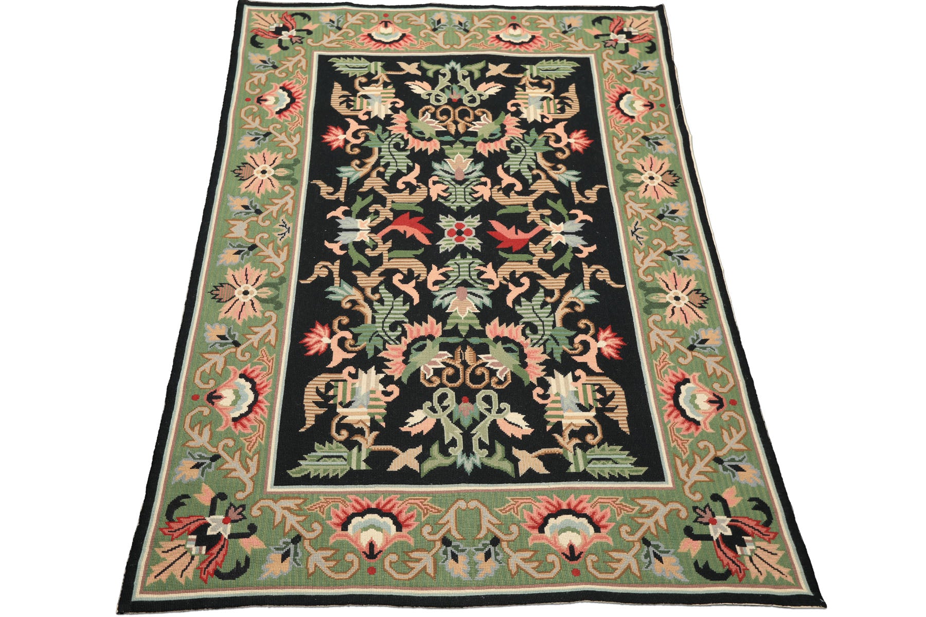 6x9 Black, Mint, Blush Color Hand Woven Portugese Needlepoint Wool Traditional Oriental Rug