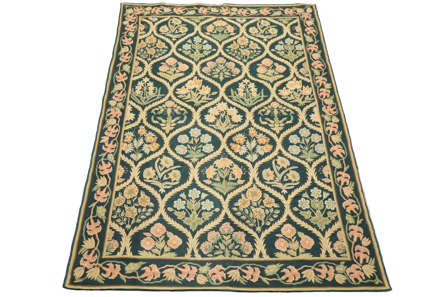 6x9 Green, Beige, Brown Color Hand Woven Chainstitch Wool Traditional Oriental Rug