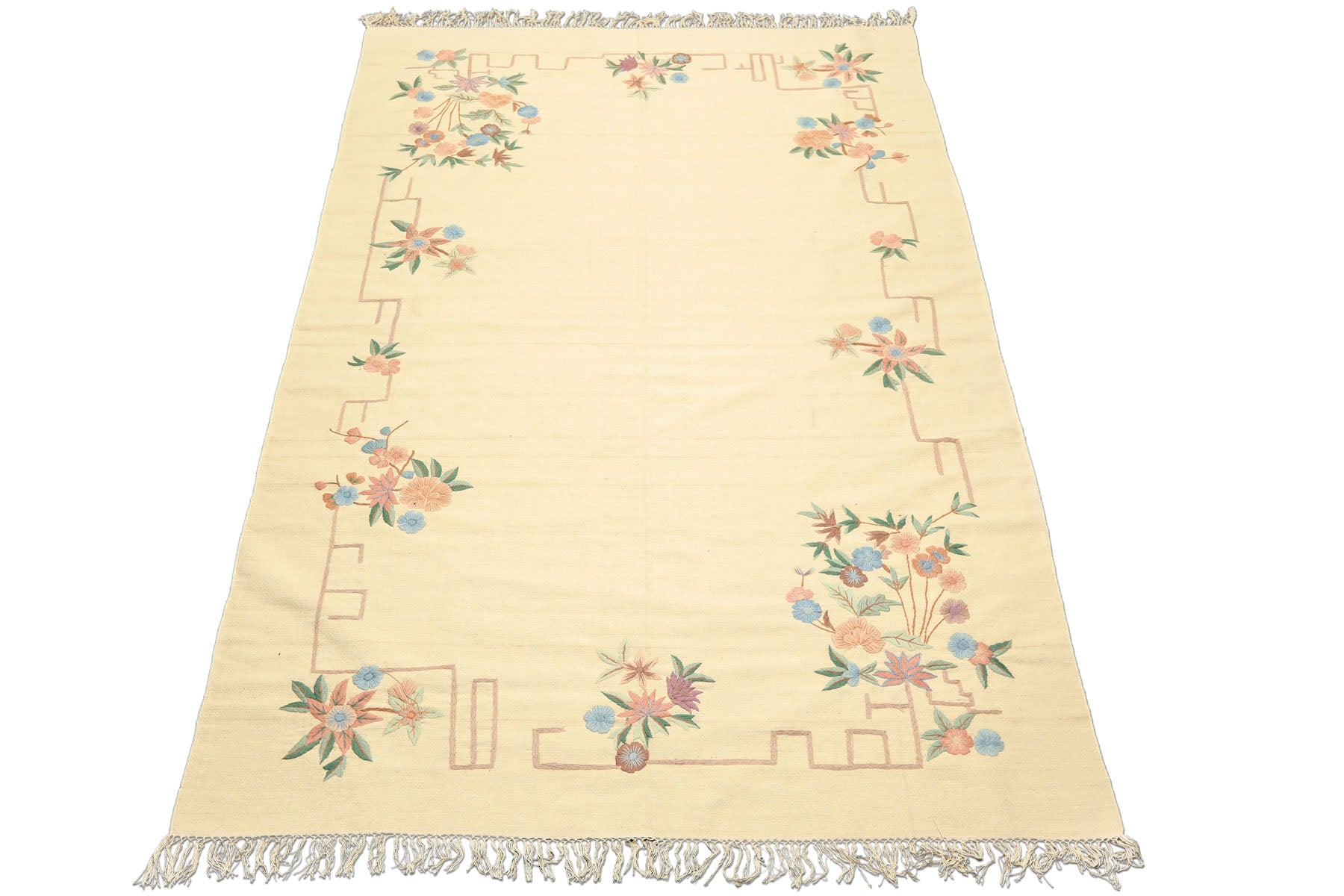 6x9 Ivory, Pink, Blue Color Hand Woven Kilim Wool Transitional Oriental Rug