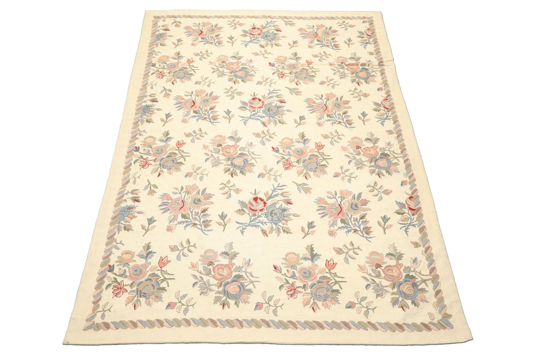 6x9 Ivory, Rose, Blue Color Hand Woven Chainstitch Wool Traditional Oriental Rug