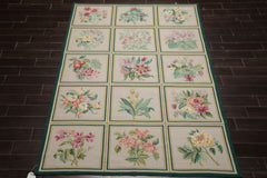 6x9 Ivory, Green, Aqua Color Hand Woven Portugese Needlepoint Wool Traditional Oriental Rug
