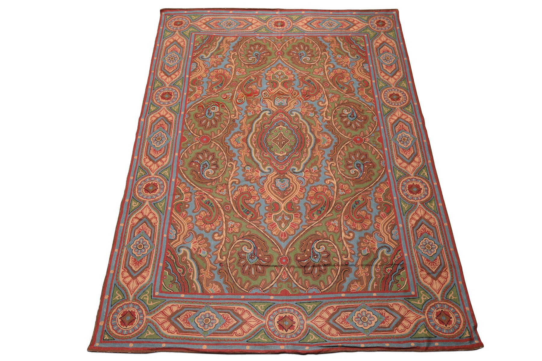 6x9 Green, Aqua, Bown Color Hand Woven Chainstitch Needlepoint Wool Traditional Oriental Rug