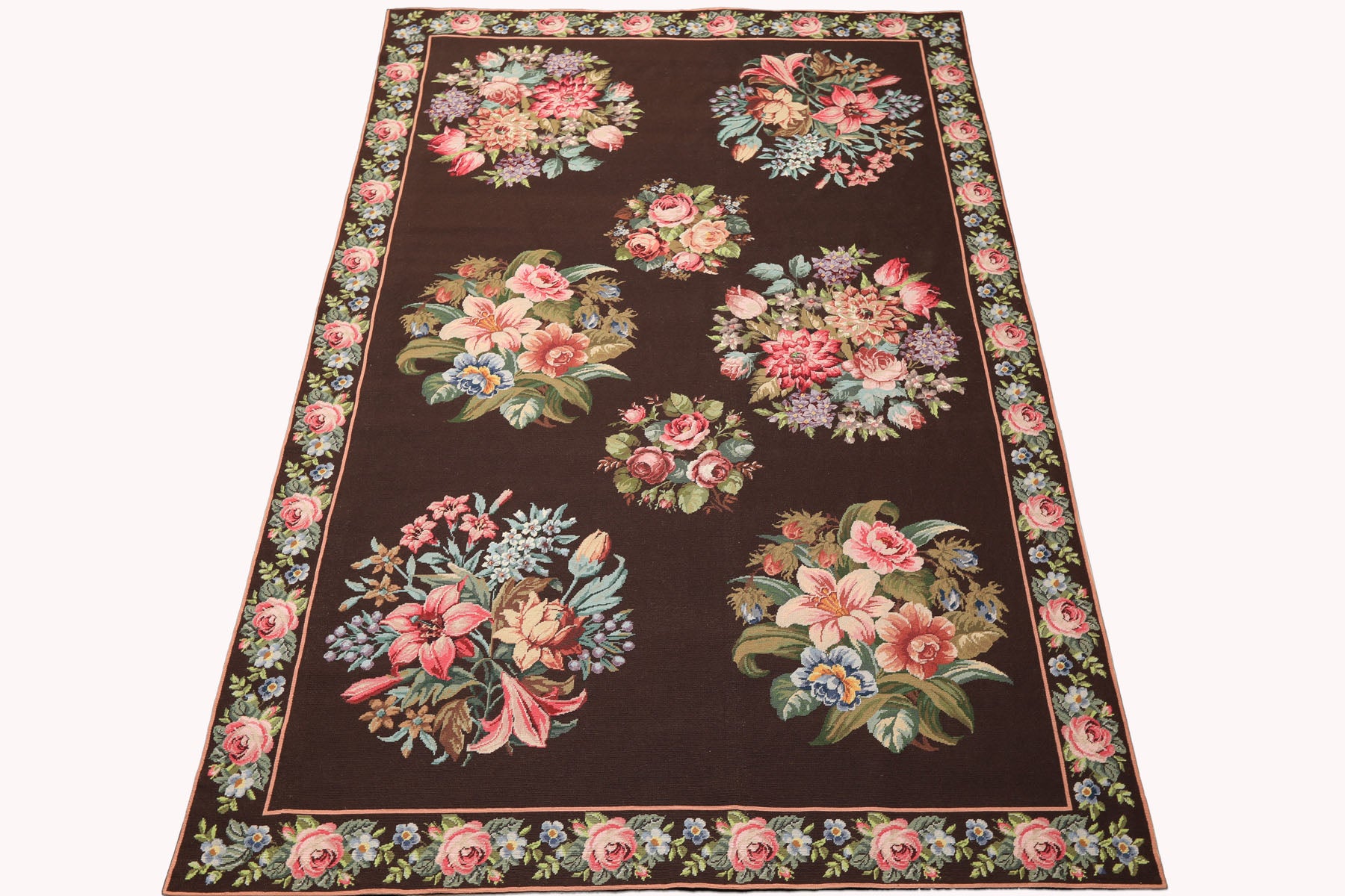 6x9 Chocolate, Pink, Green Color Hand Woven Aubusson Needlepoint Wool Traditional Oriental Rug