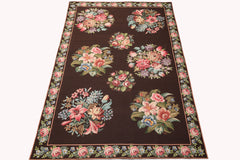 6x9 Chocolate, Pink, Green Color Hand Woven Aubusson Needlepoint Wool Traditional Oriental Rug