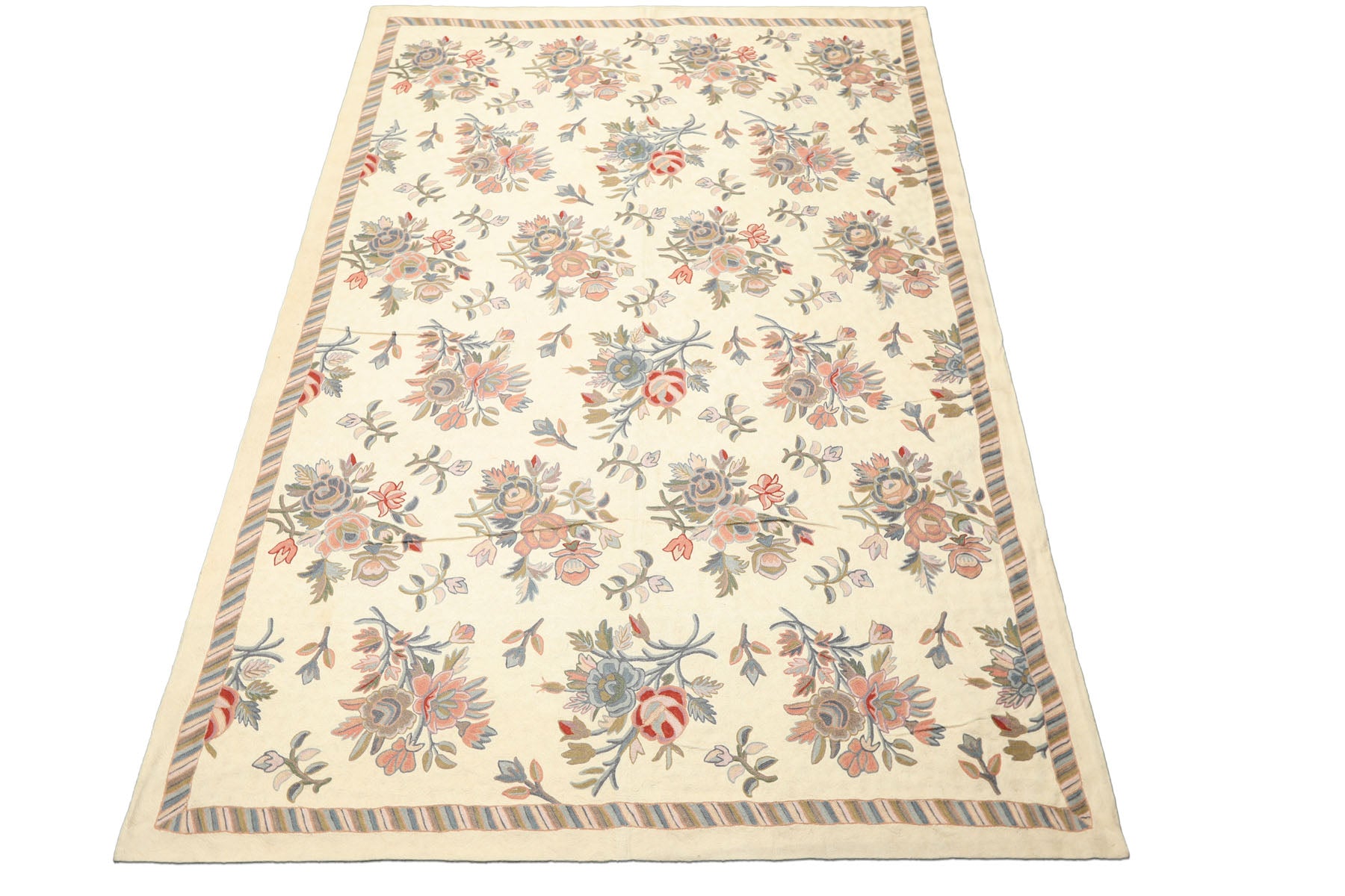 6x9 Ivory, Blue, Rose Color Hand Woven Chainstitch Needlepoint Wool Traditional Oriental Rug