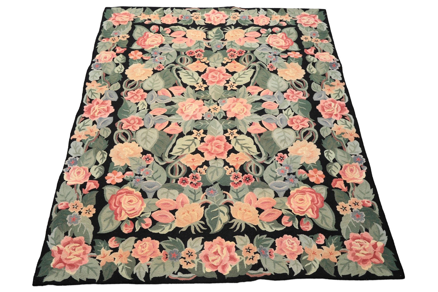 8x10 Charcoal, Celadon, Pink Color Hand Hooked  Wool Traditional Oriental Rug