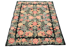 8x10 Charcoal, Celadon, Pink Color Hand Hooked  Wool Traditional Oriental Rug