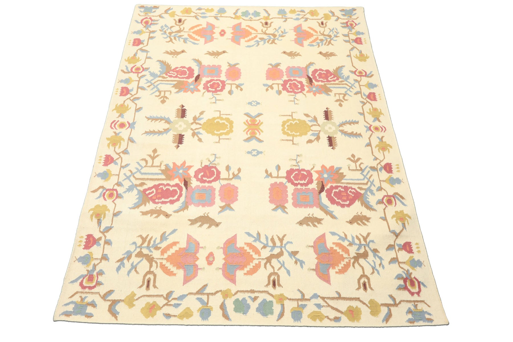 6x9 Ivory, Rose, Peach Color Hand Woven Kilim Wool Transitional Oriental Rug