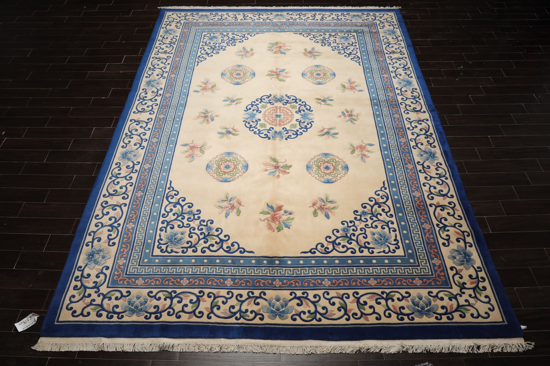 9x13 Ivory, Royal Blue, Rose Color Hand Knotted French Aubusson Savonnerie Wool Traditional Oriental Rug