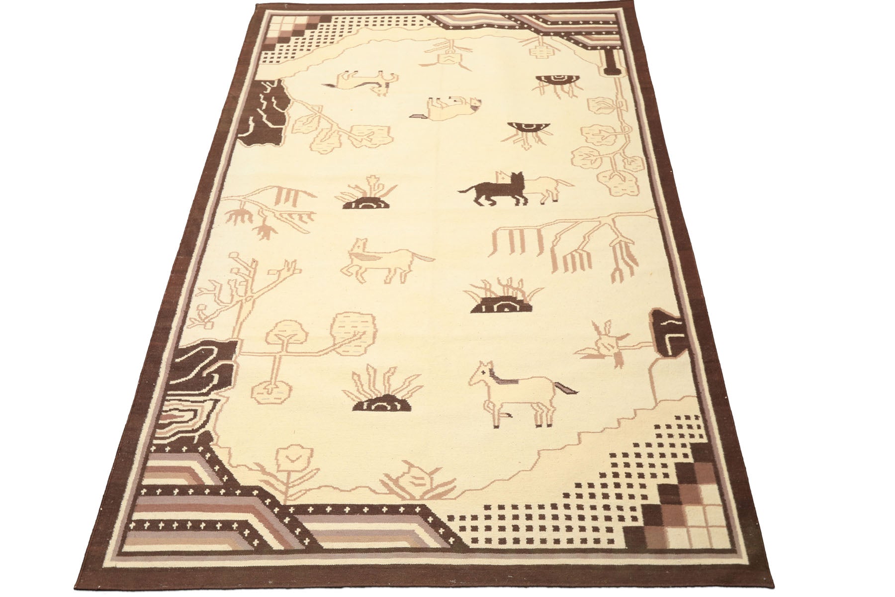 6x9 Ivory, Chocolate, Taupe Color Hand Woven Kilim Wool Traditional Oriental Rug