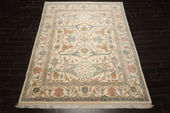 8x10 Ivory, Aqua, Rose Color Hand Knotted Oushak New Zealand Wool Art & Crafts Oriental Rug
