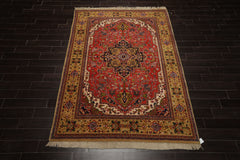 6x9 Orange, Navy, Gold Color Hand Knotted Serapi New Zealand Wool Traditional Oriental Rug