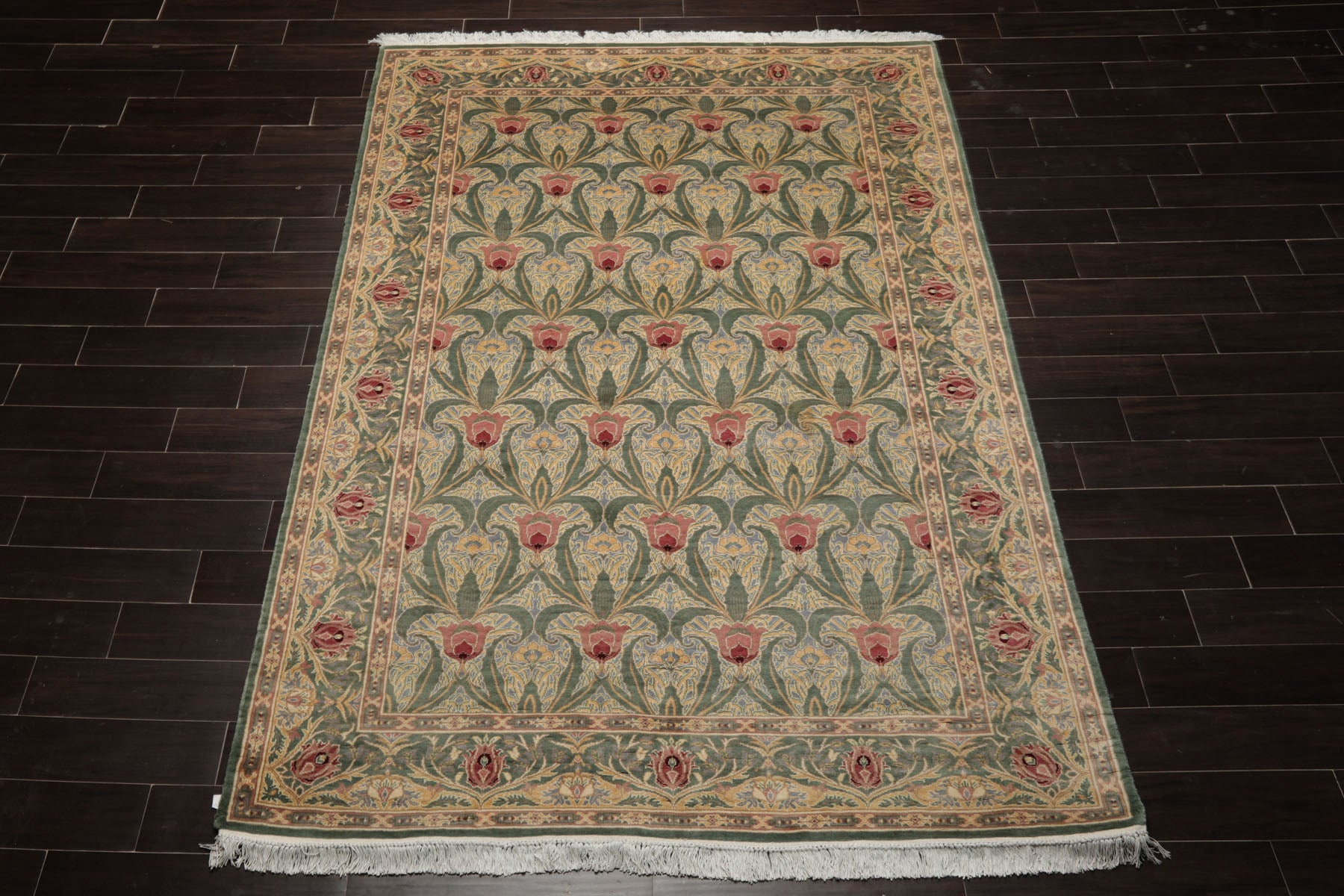 6x9 Aqua, Ivory, Light Color Hand Knotted Arts & Crafts New Zealand Wool William Morris Oriental Rug