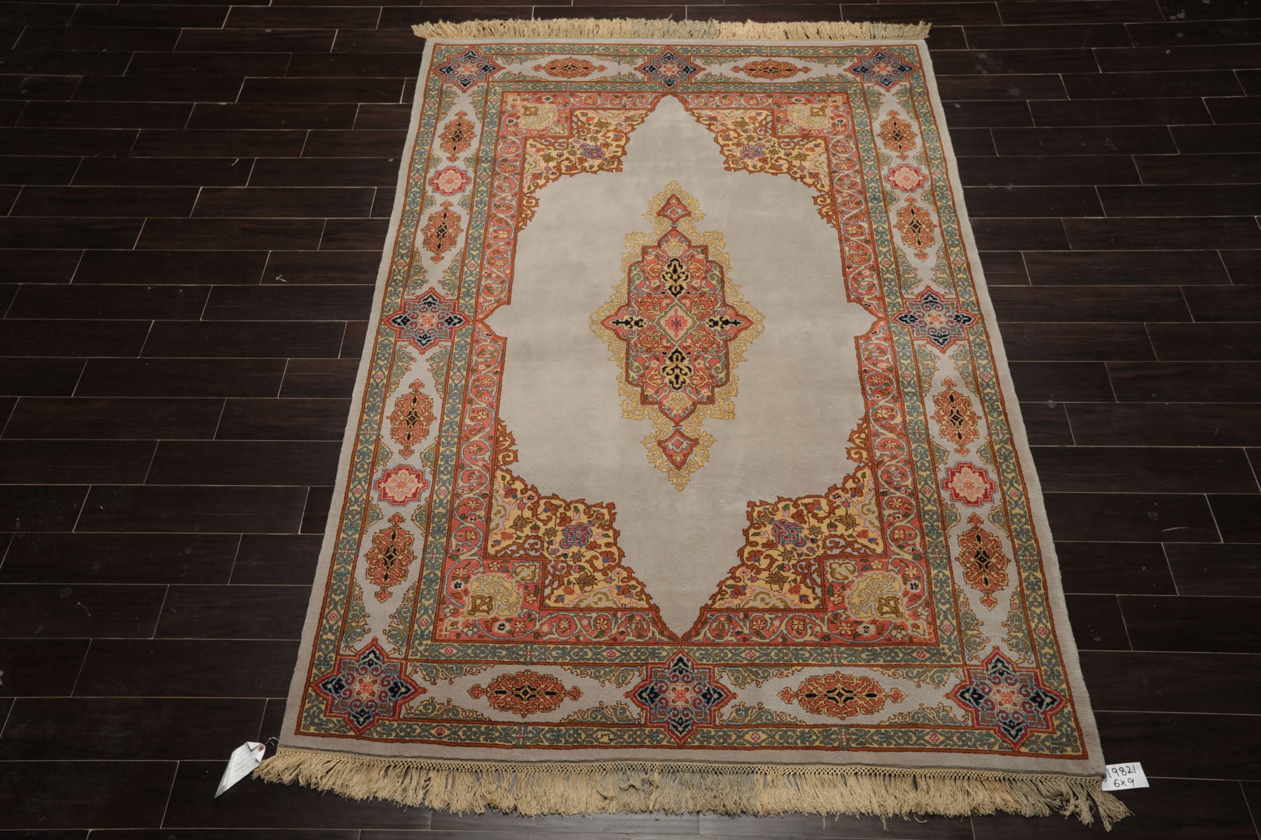 6x9 Gray, Coral, Turquoise Color Hand Knotted Kerman Wool Traditional Oriental Rug