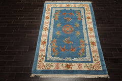 6x9 Blue, Ivory, Peach Color Hand Knotted Chinese Art Deco New Zealand Wool Traditional Oriental Rug