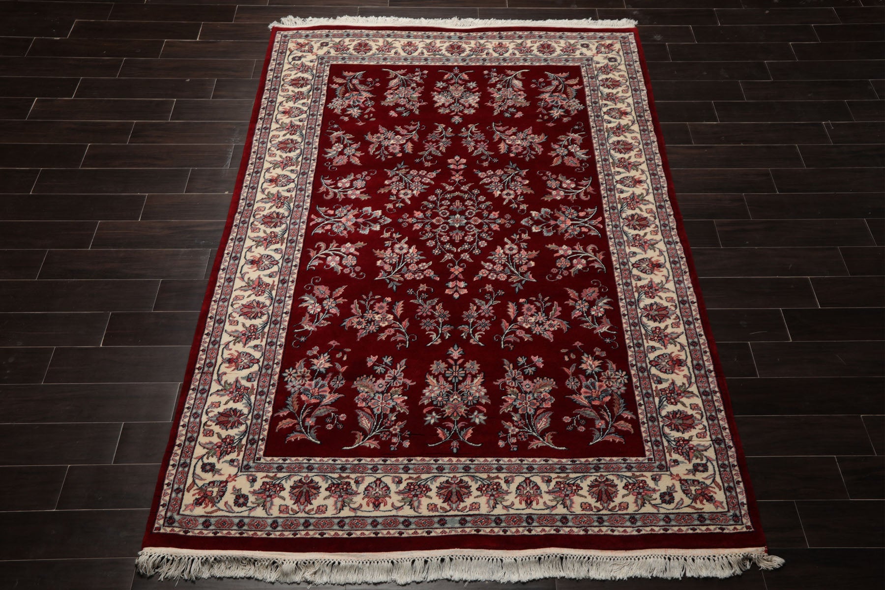 6x9 Maroon, Ivory, Aqua Color Hand Knotted Sarouk New Zealand Wool Traditional Oriental Rug